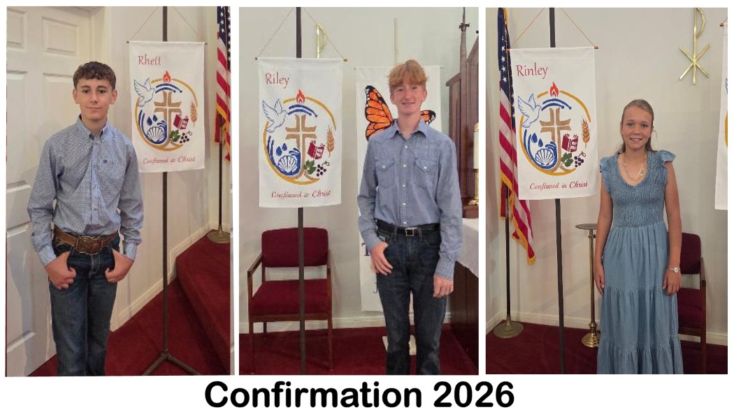 Three images of the Confirmation class of 2026 standing before a "Confirmed in Christ" banner at St. John Lutheran Church Cat Spring.