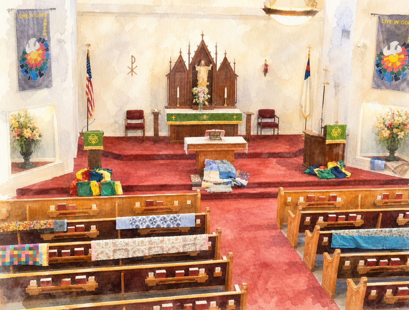 Watercolor painting of the inside of a church.